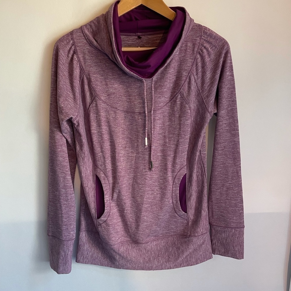 Prana Sweater Small Purple Cowl Neck Drawstring Pockets Athletic